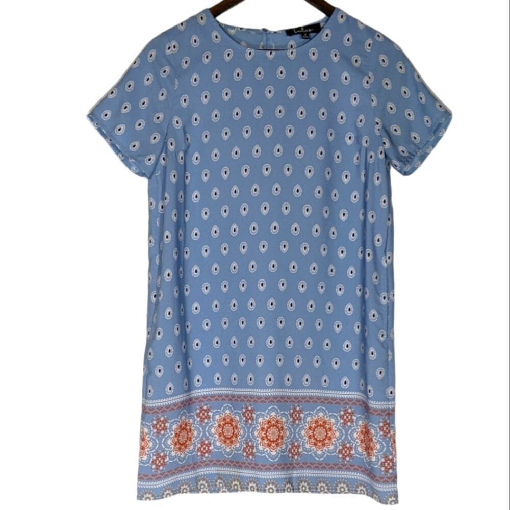 Lulus Blue Boho Shift Dress Short Sleeve Pockets Small Bohemian Beach Brunch